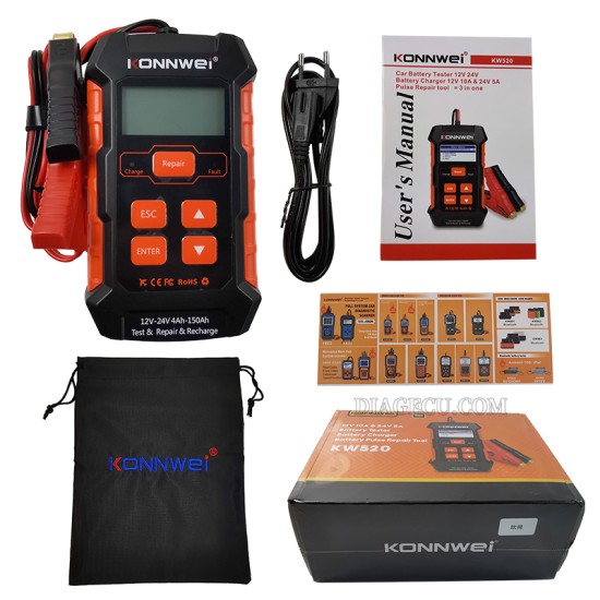 Konnwei KW520 12V 10A&24V 5A Automatic Car Truck Battery Tester Charger Lead Acid Car Battery Pulse Repair Tool AGM Gel Lithium 3 in 1 Diagnostic Scanner 100-2000CCA Battery Tester