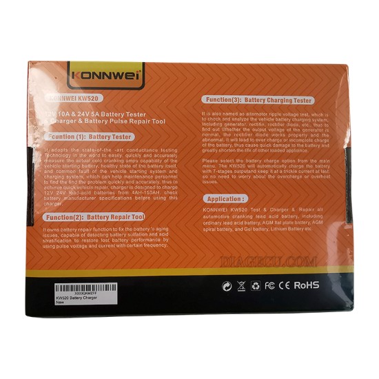 Konnwei KW520 12V 10A&24V 5A Automatic Car Truck Battery Tester Charger Lead Acid Car Battery Pulse Repair Tool AGM Gel Lithium 3 in 1 Diagnostic Scanner 100-2000CCA Battery Tester