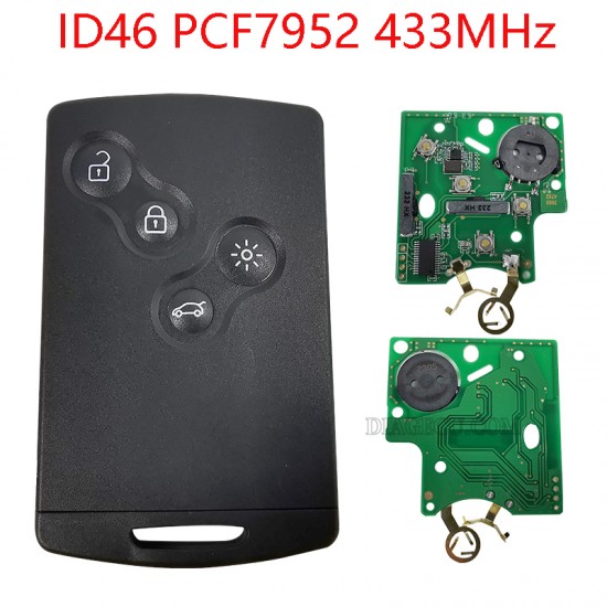 Renault Megane Smart Card 4 buttons ID46 PCF7952 433MHz Smart card with VA2 Emergency Insert Blade (without logo) (BY) Renault Megane Smart Card 4 buttons ID46 PCF7952 433MHz Smart card with VA2 Emergency Insert Blade (without logo) (BY)